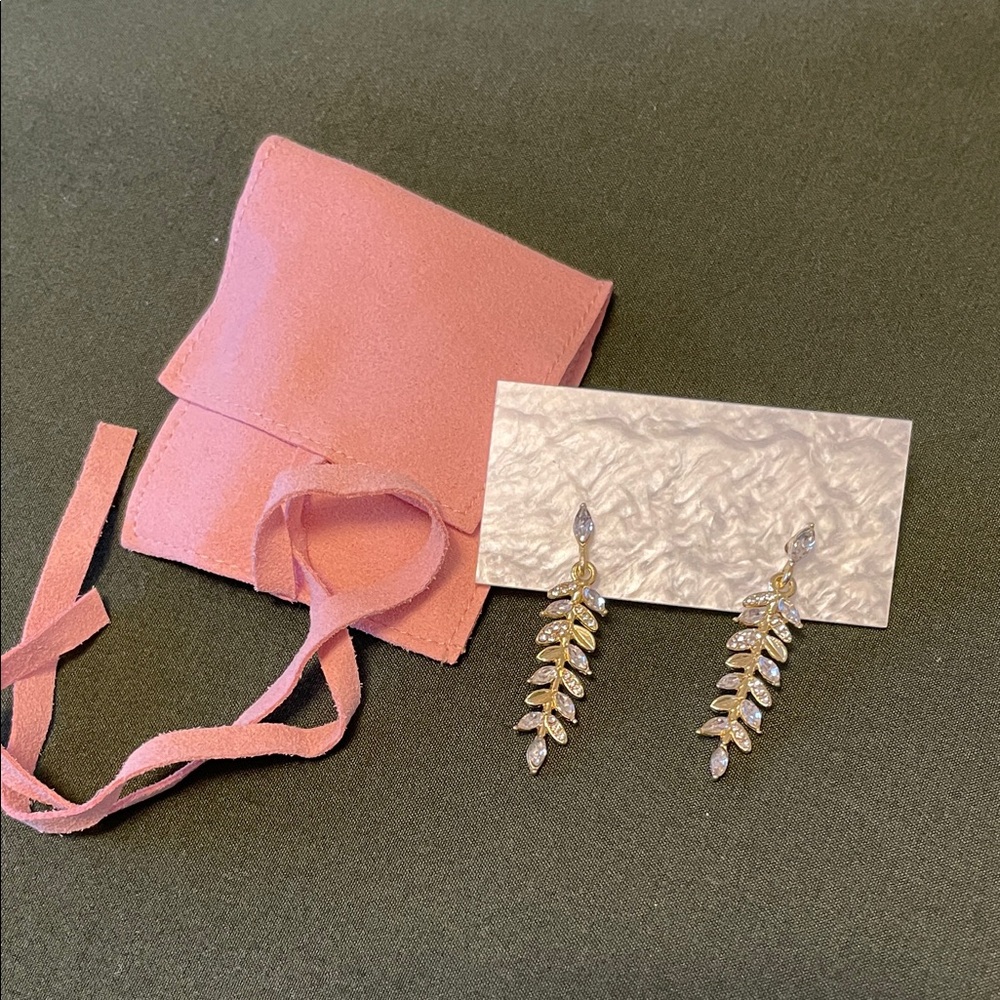 Elegant Gold Leaf Earrings with Pink Suede Pouch